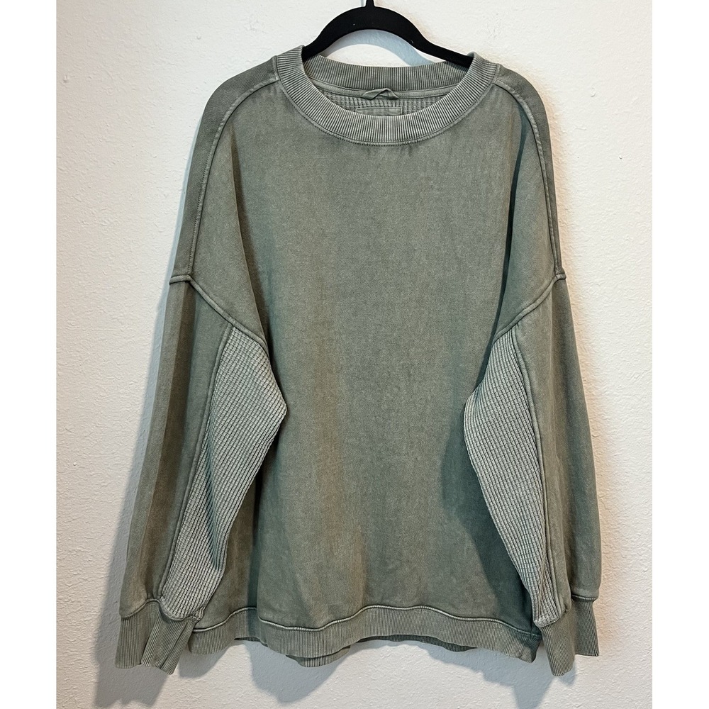 Aerie Big Chill Textured Crew Sweatshirt Pullover Women Med Green Knit Oversized
